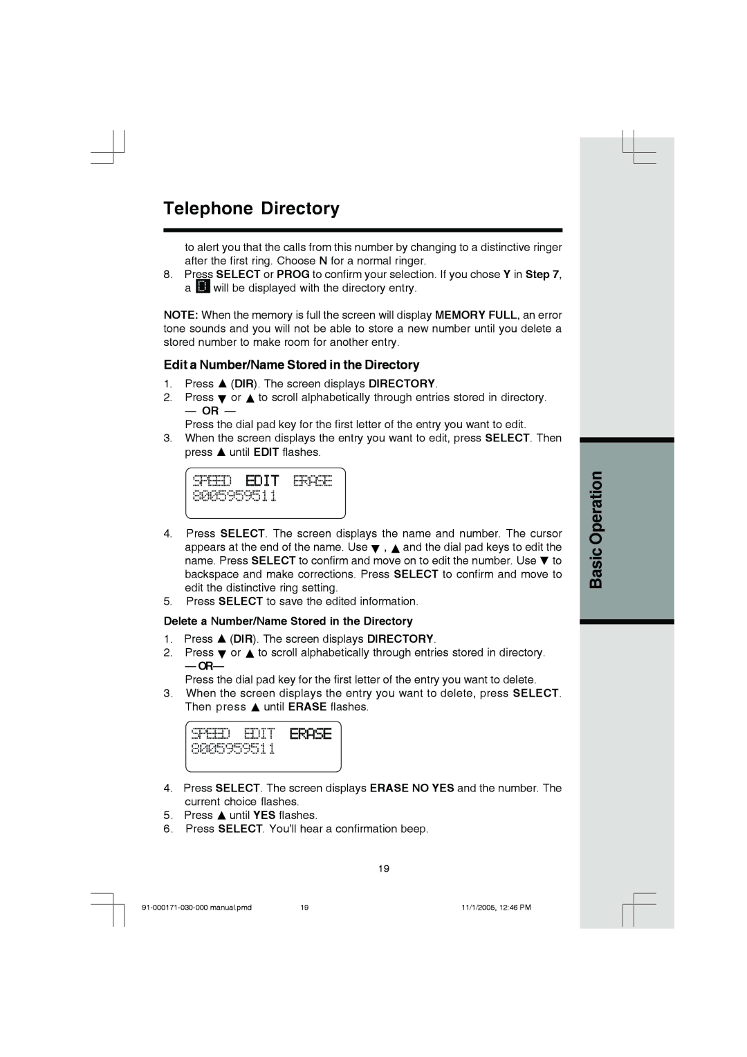 VTech Cordless Telephone manual Edit a Number/Name Stored in the Directory, Delete a Number/Name Stored in the Directory 