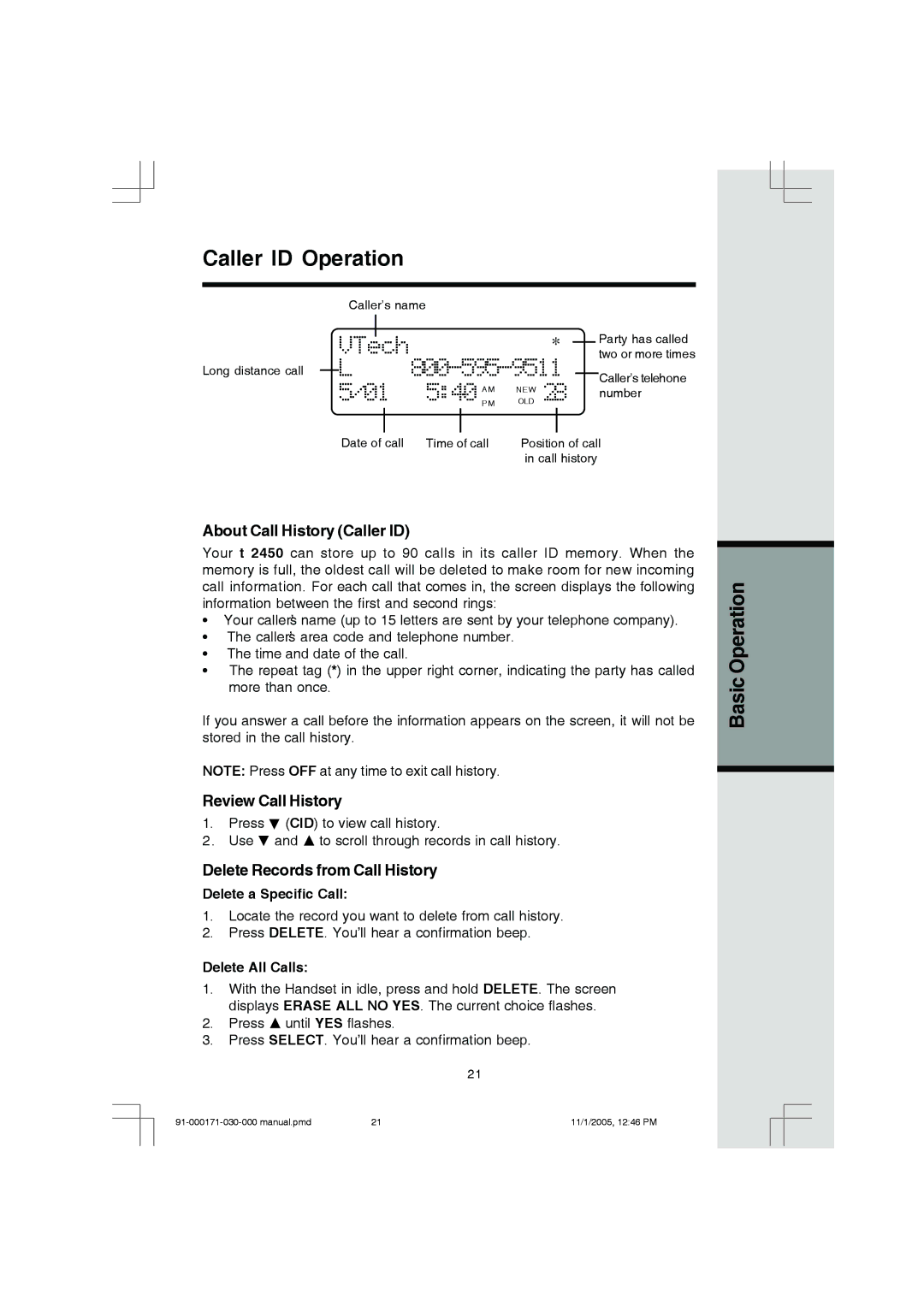 VTech Cordless Telephone manual Caller ID Operation, About Call History Caller ID, Review Call History 