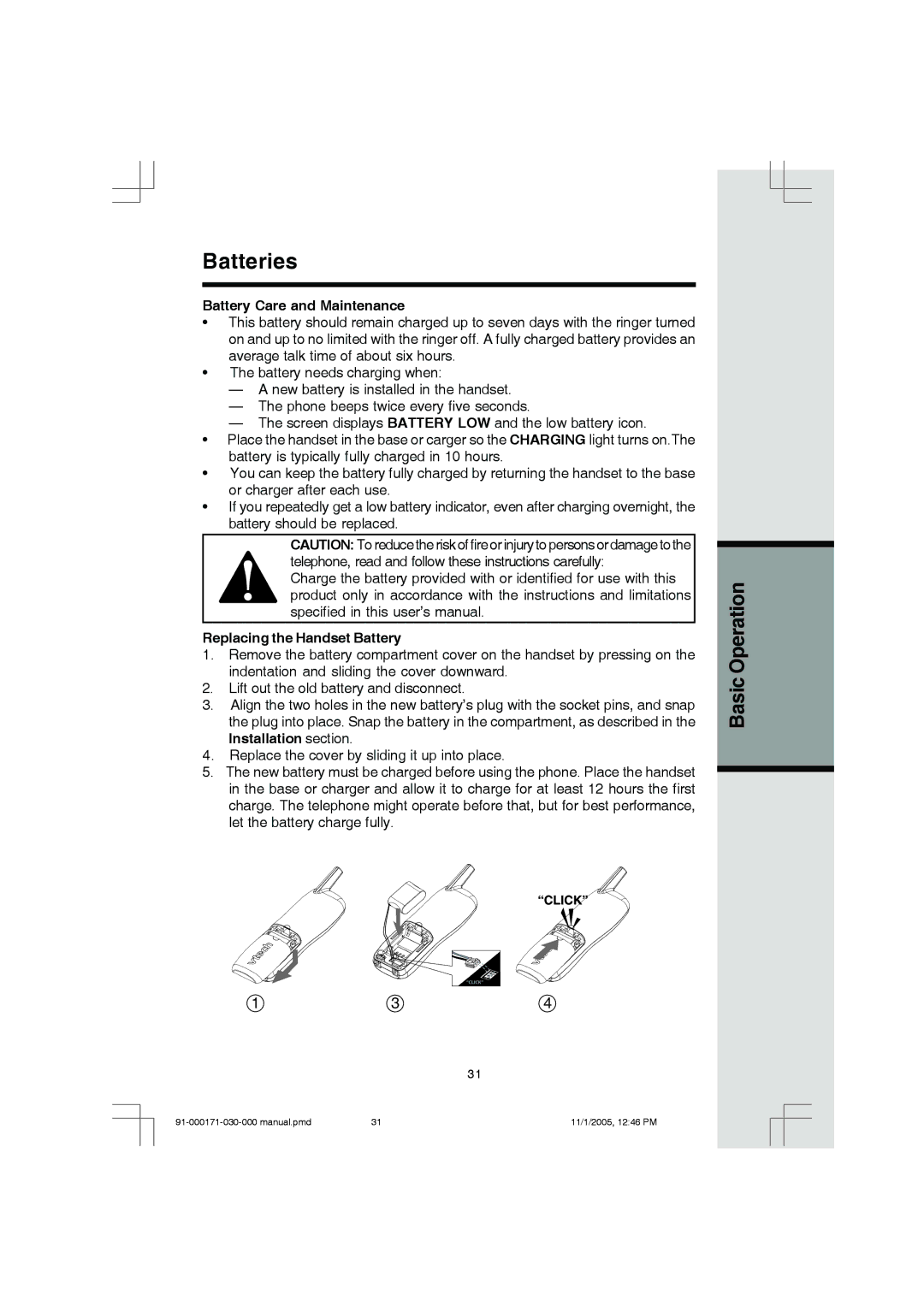 VTech Cordless Telephone manual Batteries, Battery Care and Maintenance, Replacing the Handset Battery 