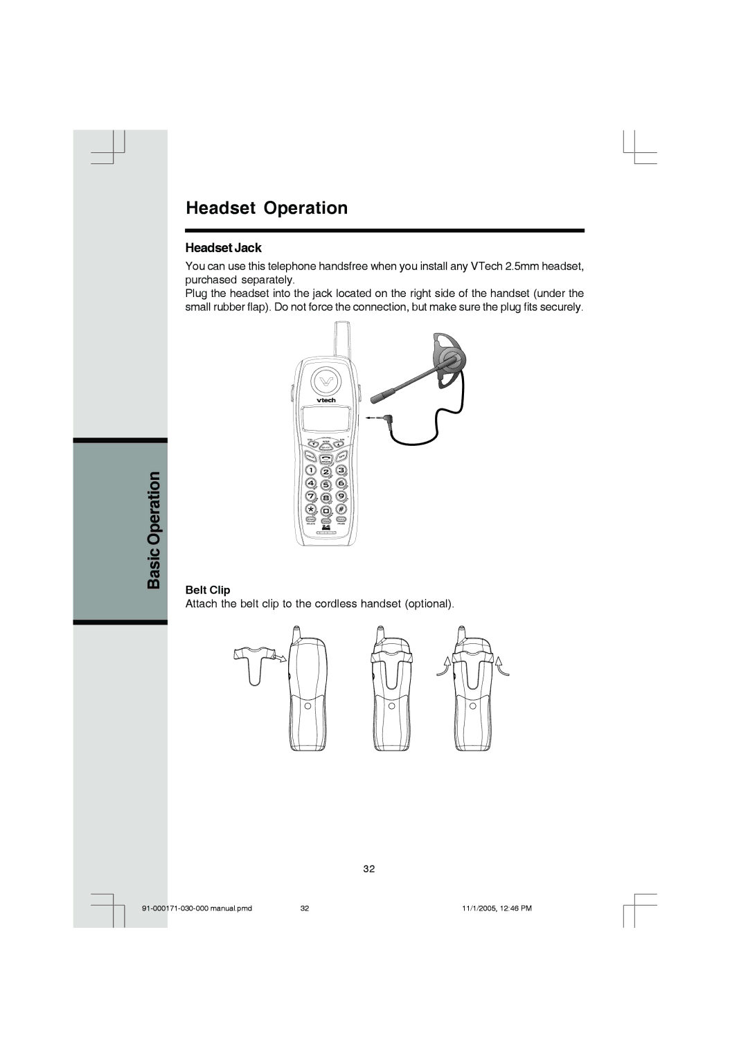 VTech Cordless Telephone manual Headset Operation, Headset Jack, Belt Clip 