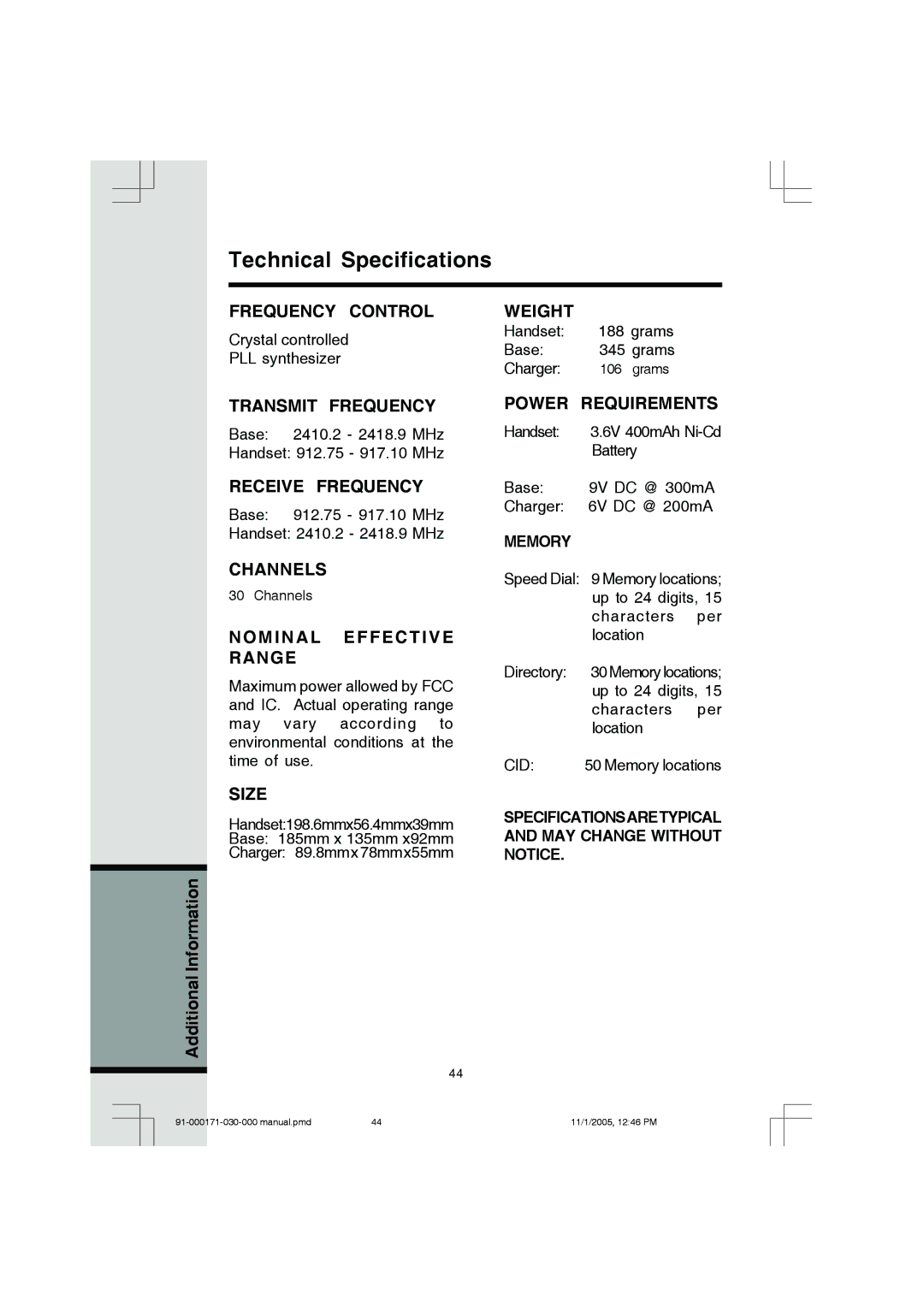 VTech Cordless Telephone manual Technical Specifications, Nominal Effective Range 