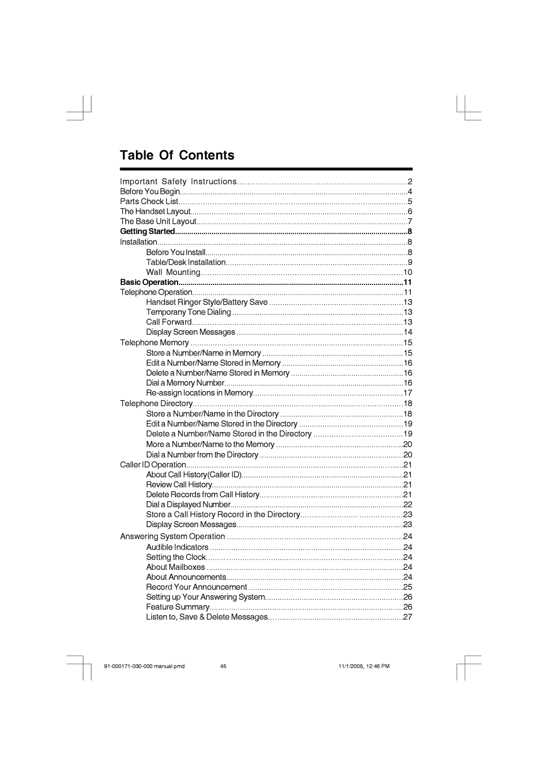 VTech Cordless Telephone manual Table Of Contents 