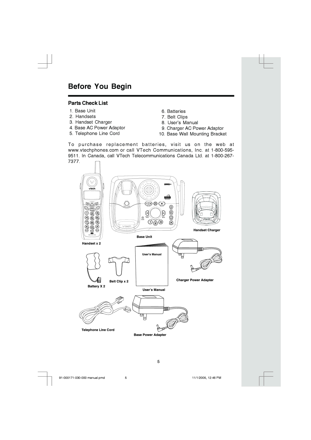 VTech Cordless Telephone manual Parts Check List 