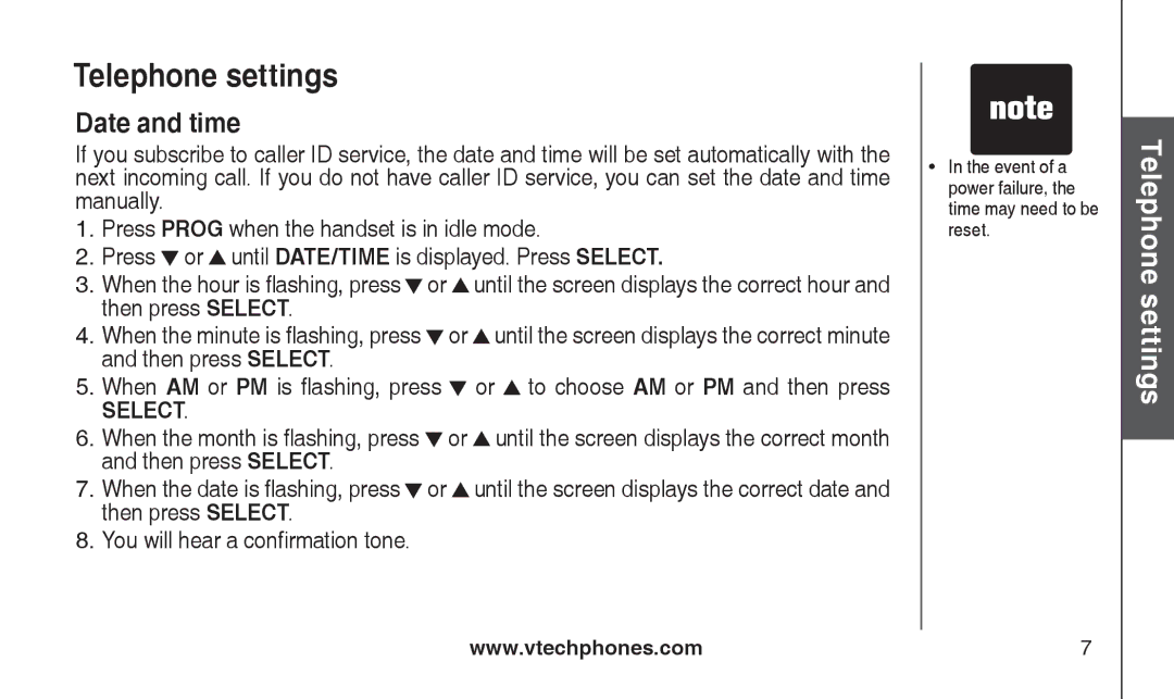 VTech CS2111-11, CS2112 user manual Date and time, Event of a power failure, the time may need to be reset 