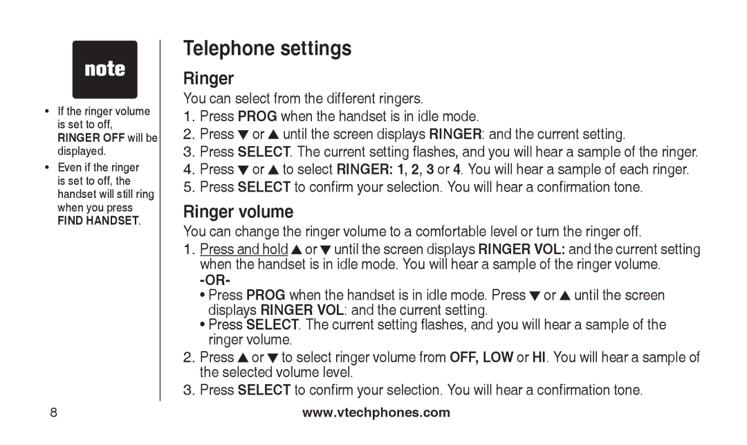 VTech CS2112, CS2111-11 user manual Ringer volume 