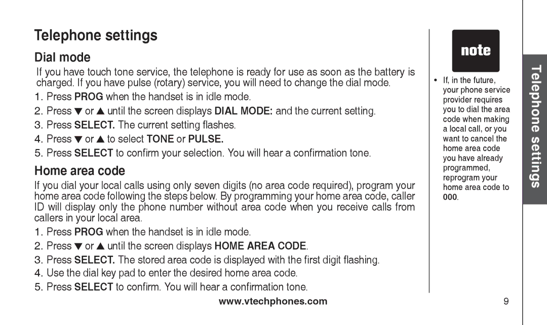 VTech CS2111-11, CS2112 user manual Dial mode, Home area code 