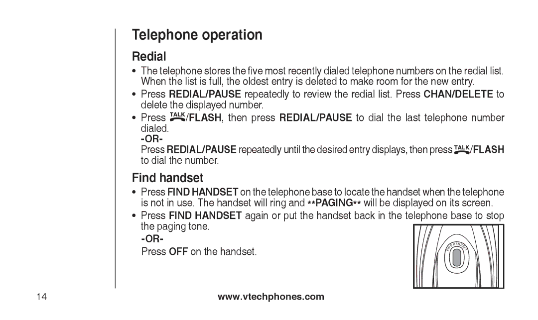 VTech CS2112, CS2111-11 user manual Redial, Find handset 