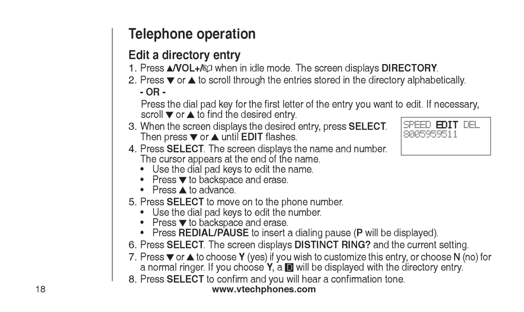 VTech CS2112, CS2111-11 user manual Edit a directory entry 