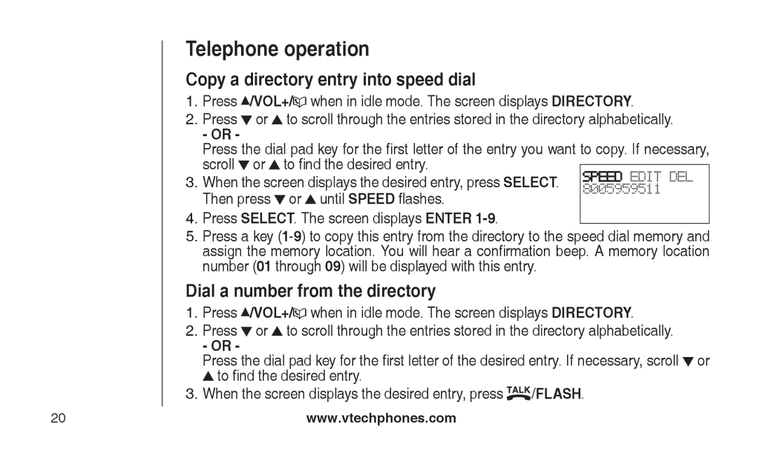 VTech CS2112, CS2111-11 user manual Copy a directory entry into speed dial, Dial a number from the directory 