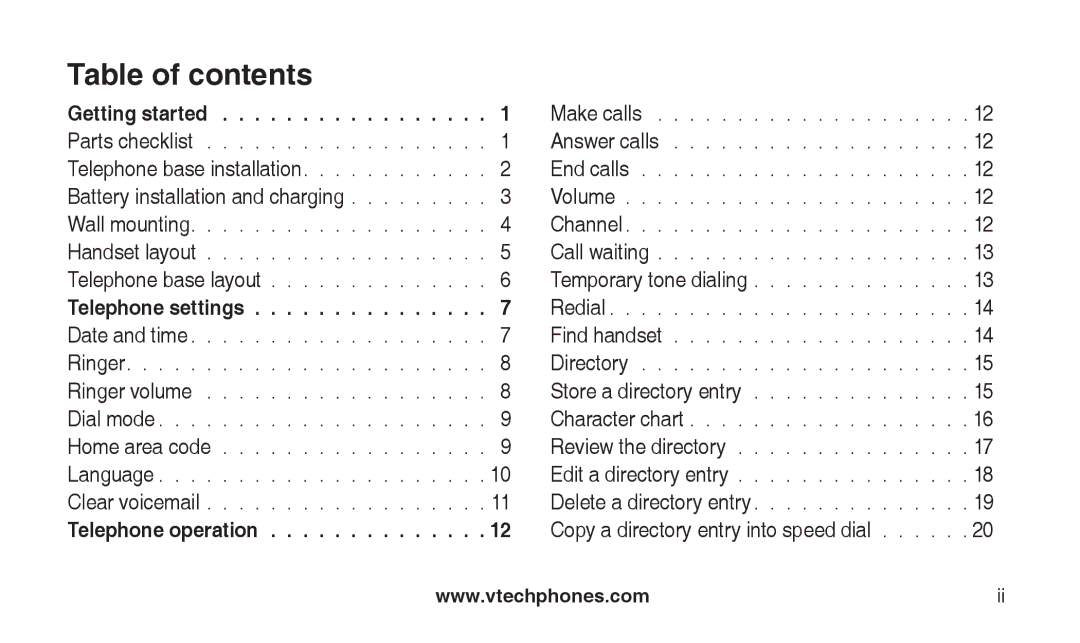 VTech CS2111-11, CS2112 user manual Table of contents 