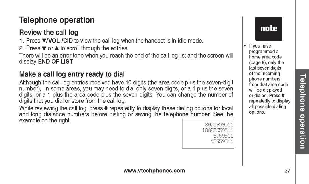 VTech CS2111-11, CS2112 user manual Review the call log, Make a call log entry ready to dial 