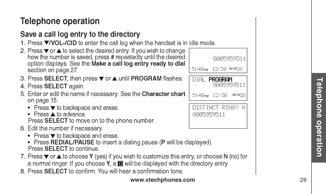 VTech CS2111-11, CS2112 user manual Save a call log entry to the directory 