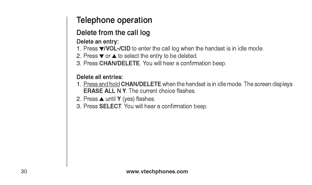 VTech CS2112, CS2111-11 user manual Delete from the call log, Delete an entry 