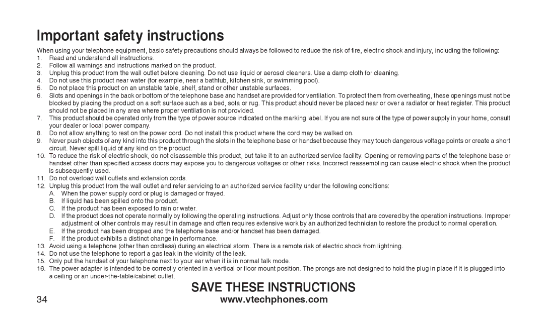 VTech CS2112, CS2111-11 user manual Important safety instructions 