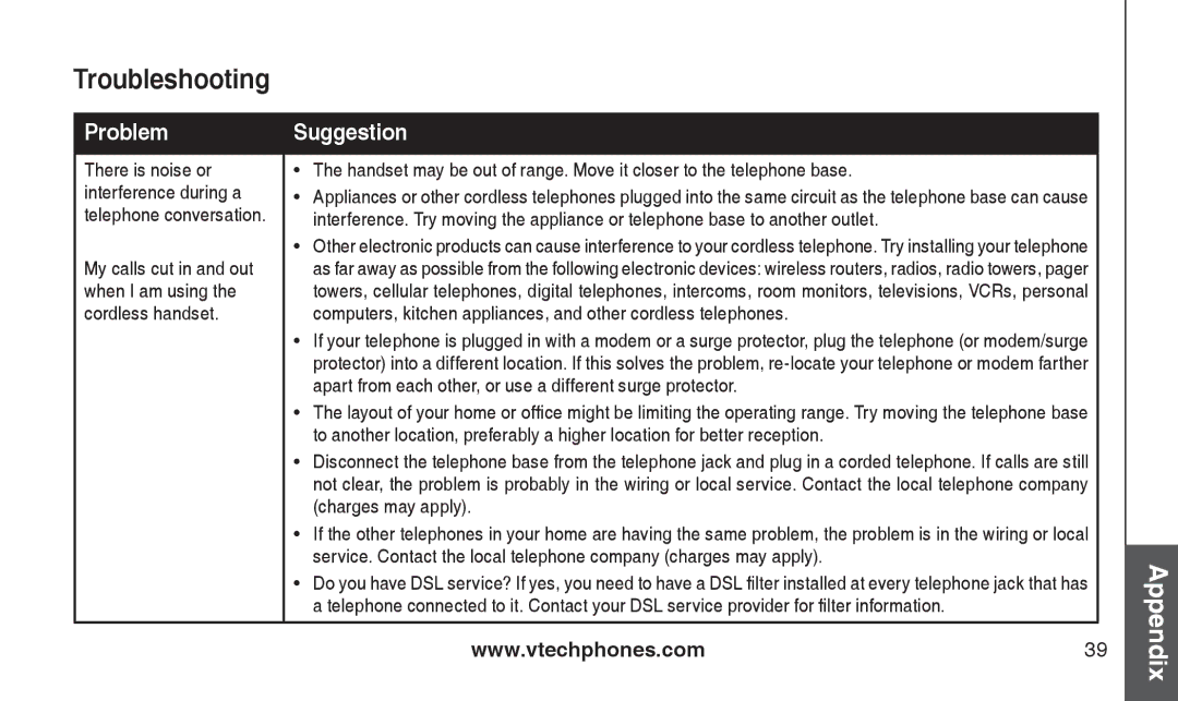 VTech CS2111-11 My calls cut in and out, When I am using, Apart from each other, or use a different surge protector 