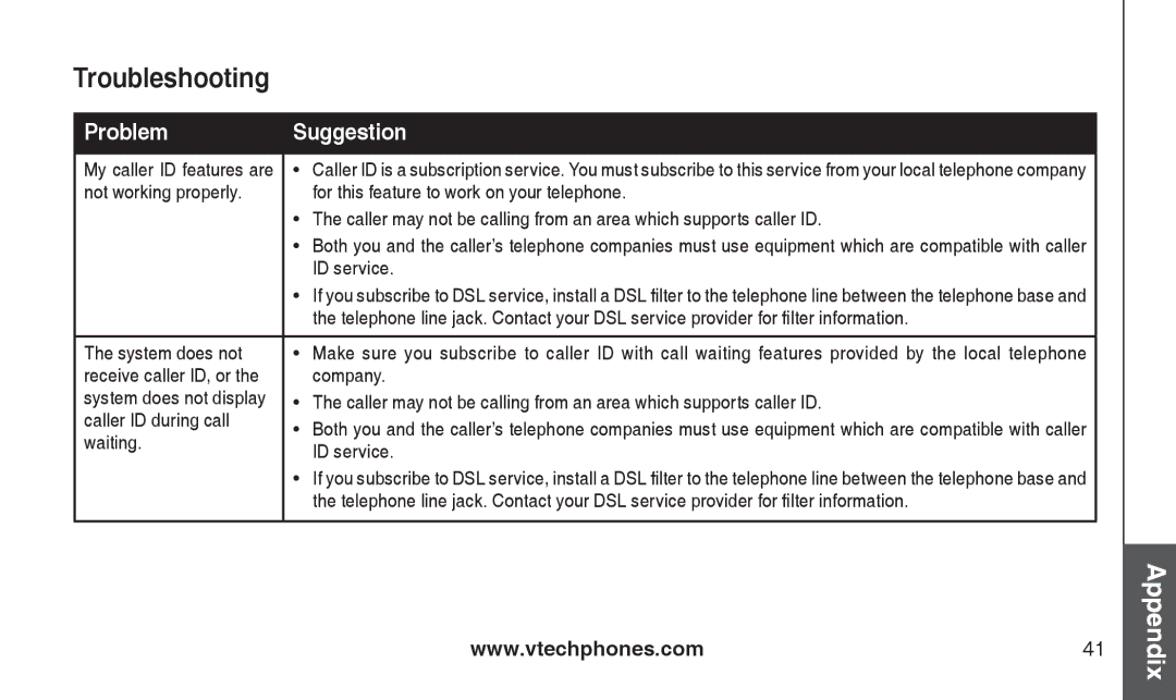 VTech CS2111-11, CS2112 ID service, System does not, Receive caller ID, or Company, Caller ID during call, Waiting 