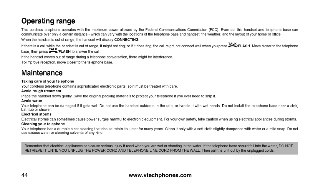 VTech CS2112, CS2111-11 user manual Operating range, Maintenance 