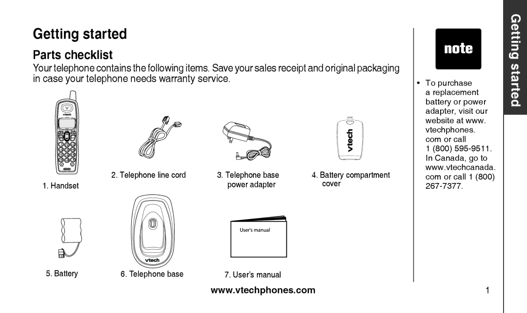 VTech CS2111-11, CS2112 user manual Parts checklist, Handset Power adapter Cover, Battery Telephone base 