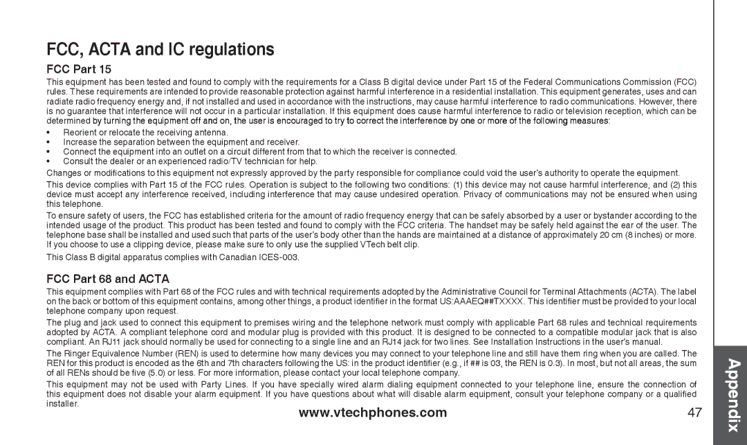 VTech CS2111-11, CS2112 user manual FCC, Acta and IC regulations, FCC Part 