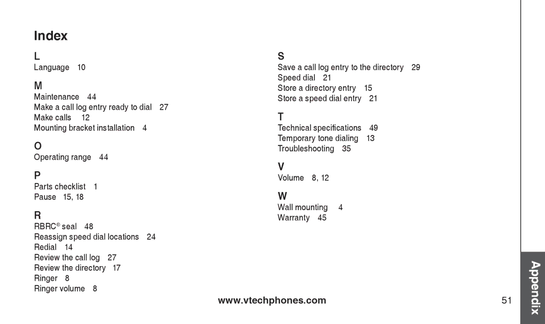 VTech CS2111-11, CS2112 user manual Appendix 