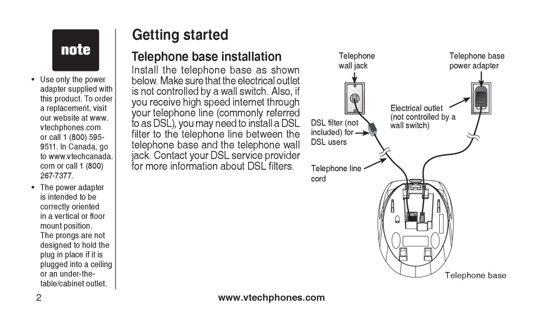 VTech CS2112, CS2111-11 user manual Telephone base installation, DSL filter not included for DSL users Telephone line cord 