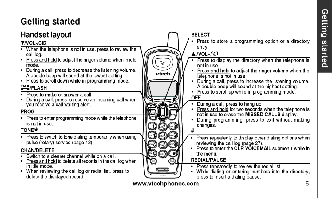 VTech CS2111-11, CS2112 Handset layout, Press to scroll down while in programming mode, During a call, press to hang up 