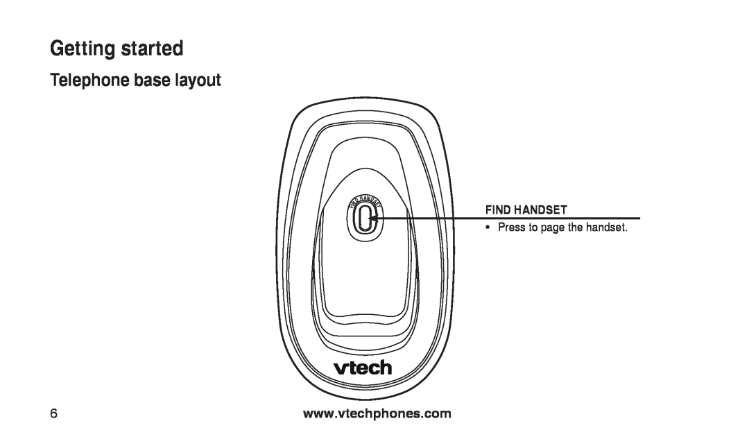 VTech CS2112, CS2111-11 Telephone base layout, Getting started, Press to page the handset, Find Handset, D H A N D S 