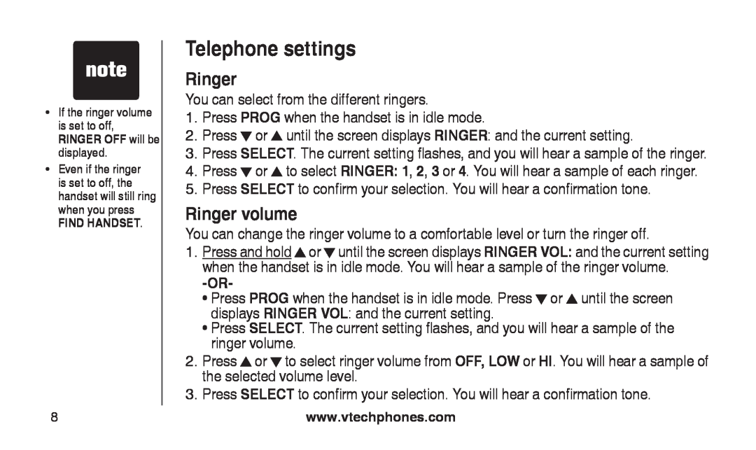 VTech CS2112, CS2111-11 user manual Ringer volume, Telephone settings 