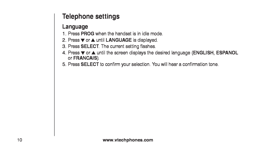 VTech CS2112, CS2111-11 user manual Language, Telephone settings 