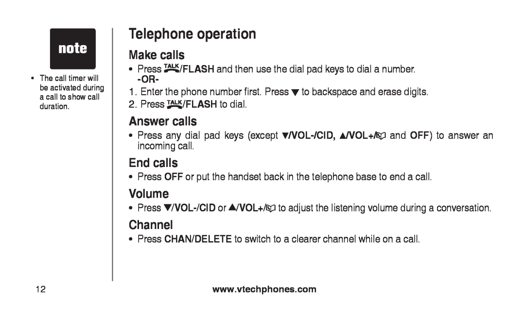 VTech CS2112, CS2111-11 user manual Telephone operation, Make calls, Answer calls, End calls, Volume, Channel 