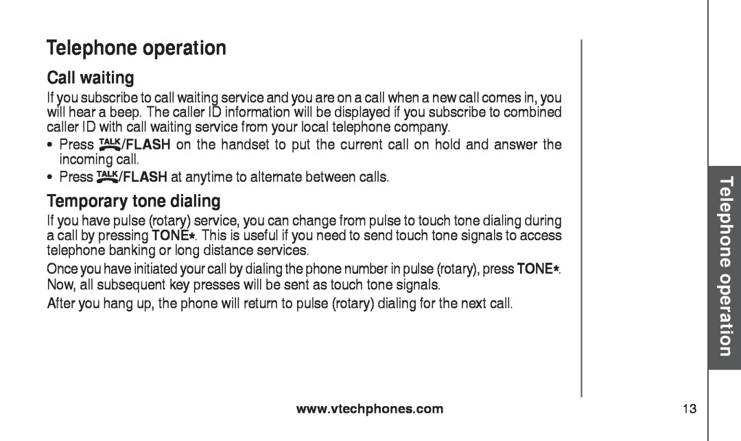 VTech CS2111-11, CS2112 user manual Call waiting, Temporary tone dialing, Telephone operation 