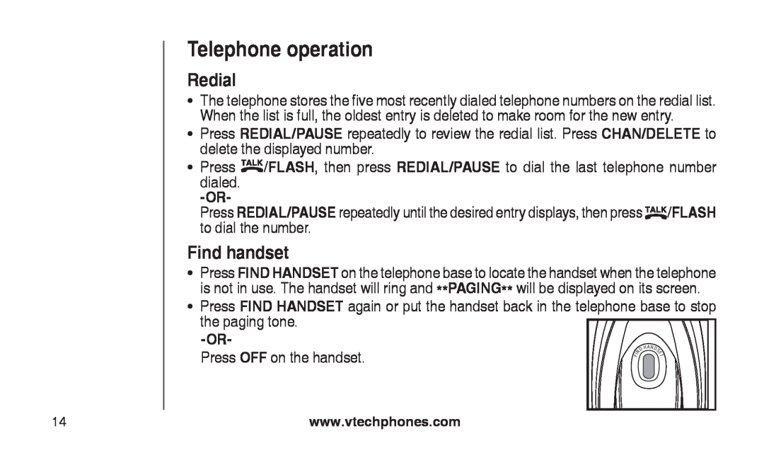 VTech CS2112, CS2111-11 user manual Redial, Find handset, Telephone operation 