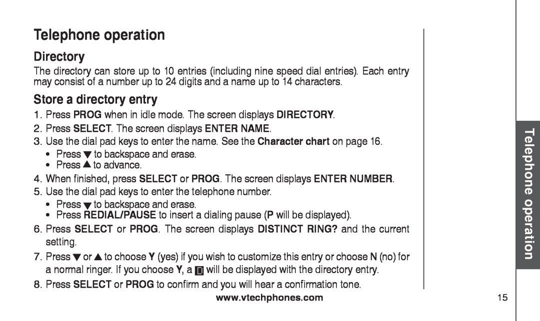 VTech CS2111-11, CS2112 user manual Directory, Store a directory entry, Telephone operation 