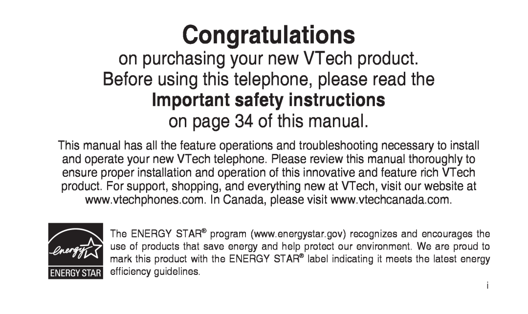 VTech CS2112, CS2111-11 user manual Congratulations, Important safety instructions, on page 34 of this manual 