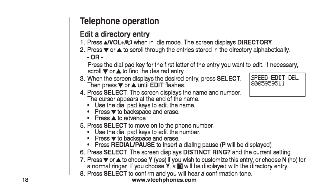 VTech CS2112 Edit a directory entry, Telephone operation, When the screen displays the desired entry, press SELECT 