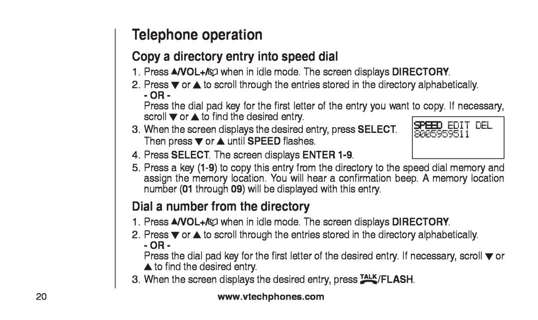 VTech CS2112, CS2111-11 Copy a directory entry into speed dial, Dial a number from the directory, Telephone operation 