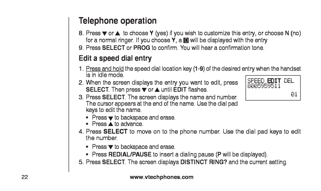 VTech CS2112 Edit a speed dial entry, Telephone operation, When the screen displays the entry you want to edit, press 