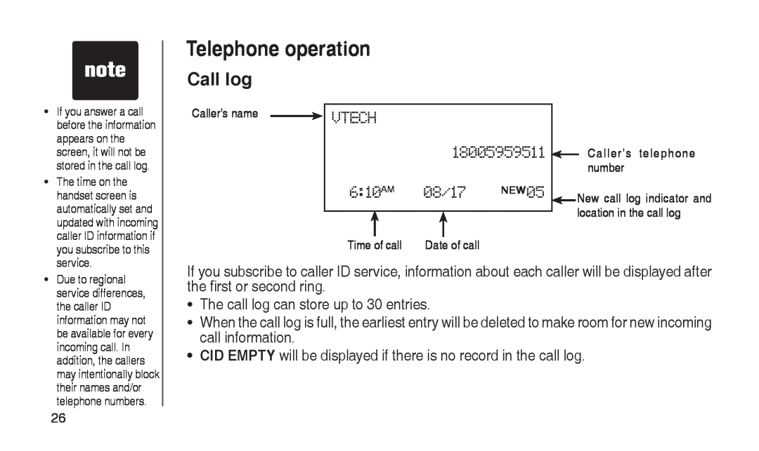 VTech CS2112, CS2111-11 user manual Call log, Telephone operation 