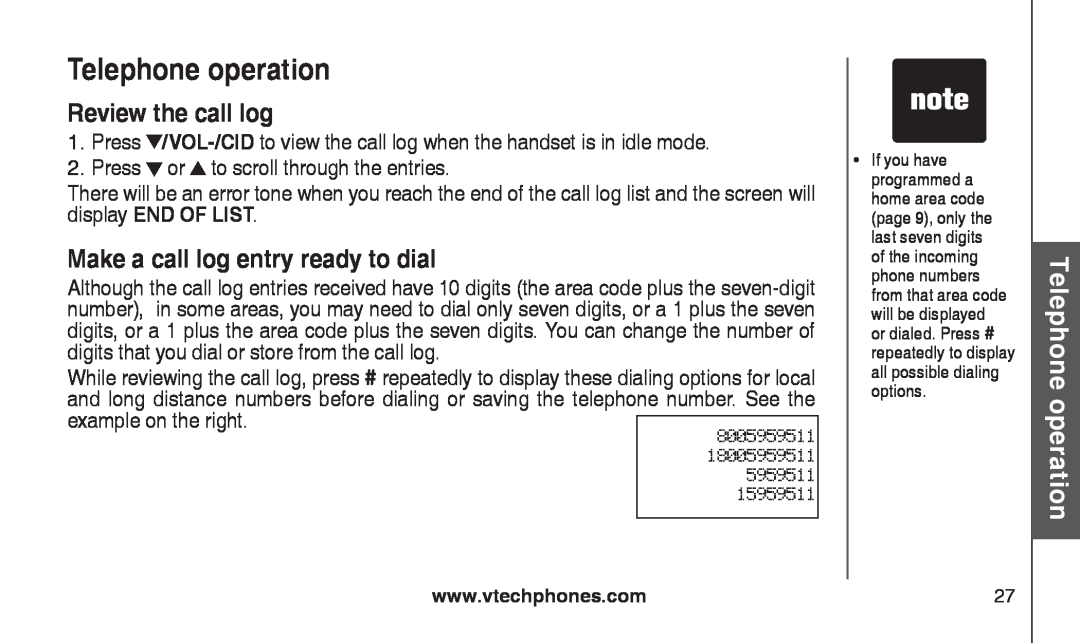 VTech CS2111-11, CS2112 user manual Review the call log, Make a call log entry ready to dial, Telephone operation 