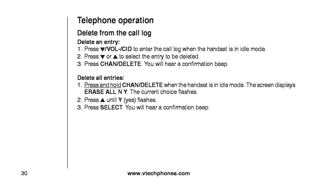 VTech CS2112, CS2111-11 user manual Delete from the call log, Delete an entry, Delete all entries, Telephone operation 