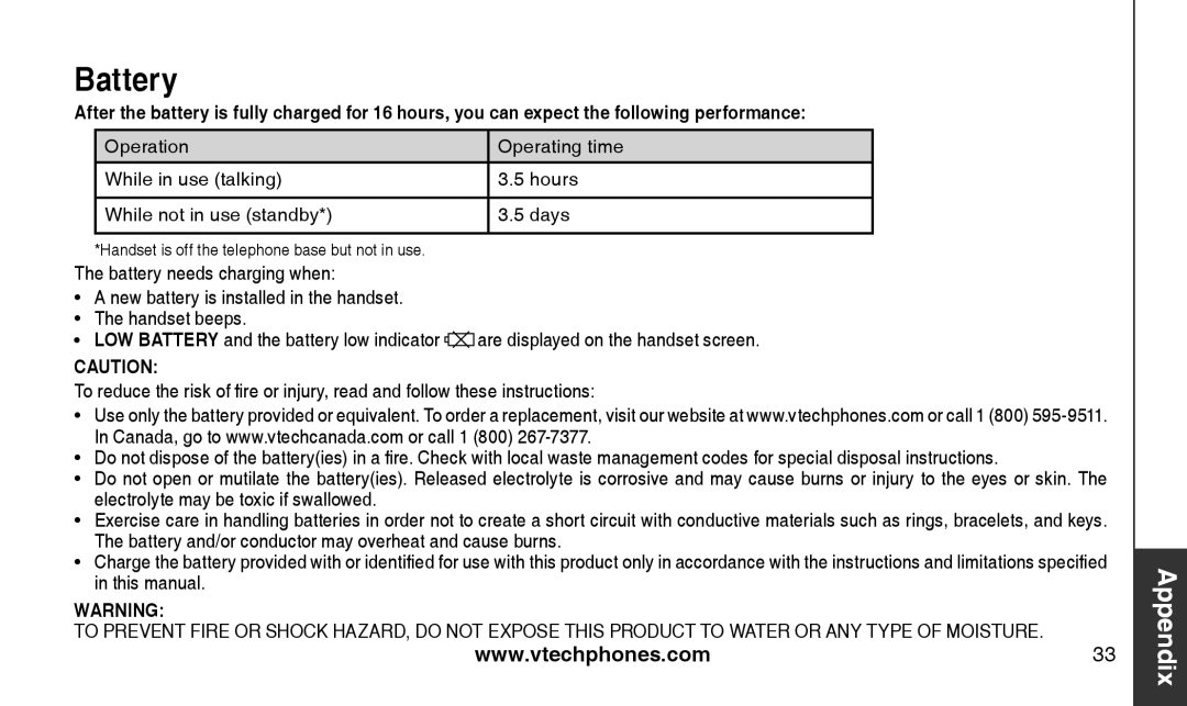 VTech CS2111-11, CS2112 user manual Battery, Appendix 