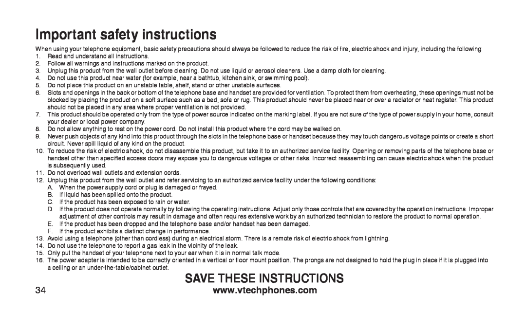 VTech CS2112, CS2111-11 user manual Important safety instructions, Save These Instructions 