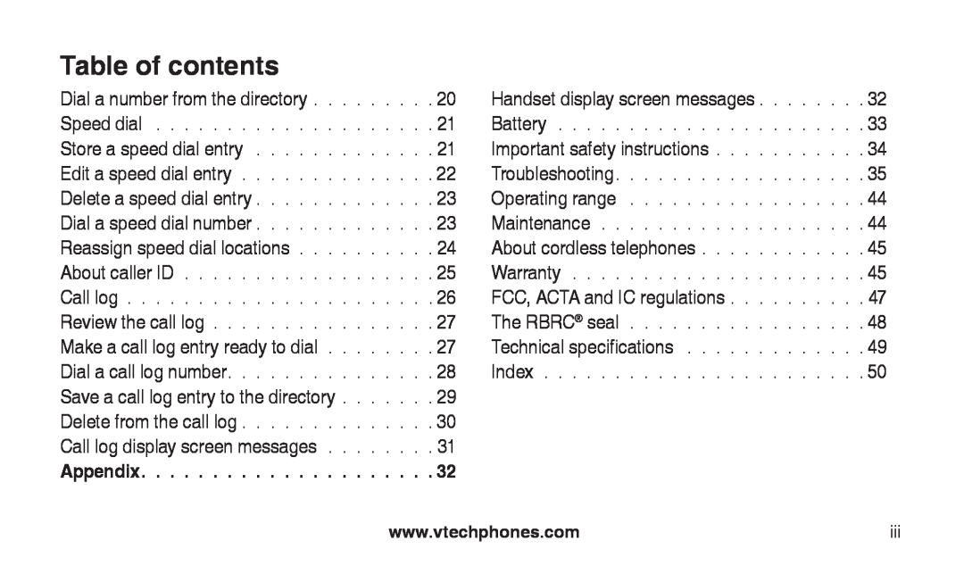 VTech CS2112, CS2111-11 user manual Appendix, Table of contents 