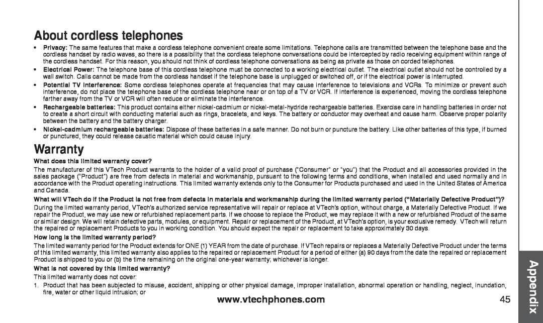 VTech CS2111-11, CS2112 user manual About cordless telephones, Warranty, Appendix, What does this limited warranty cover? 