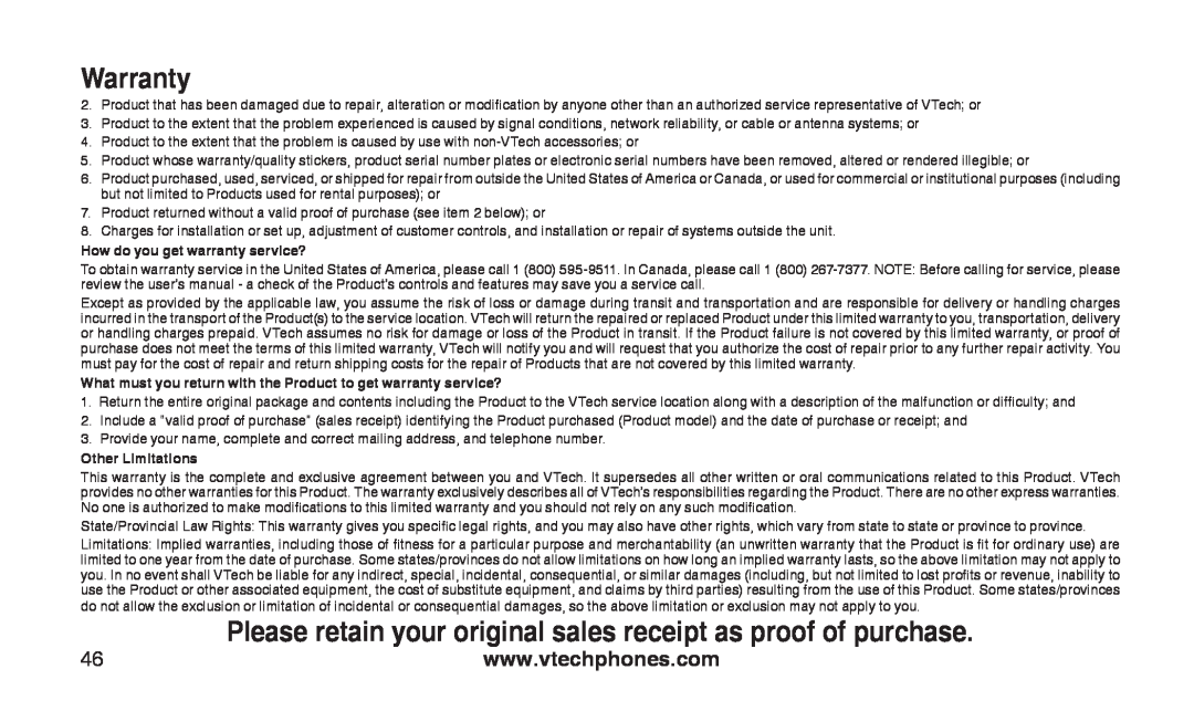 VTech CS2112 Please retain your original sales receipt as proof of purchase, Warranty, How do you get warranty service? 