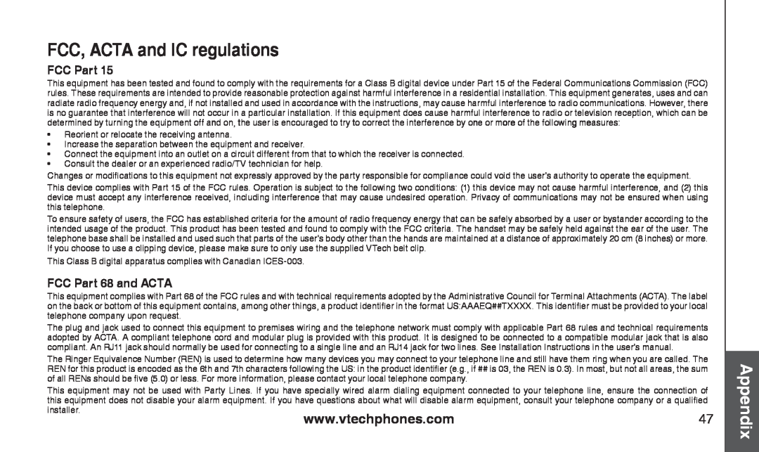 VTech CS2111-11, CS2112 user manual FCC, ACTA and IC regulations, Appendix, FCC Part 68 and ACTA 