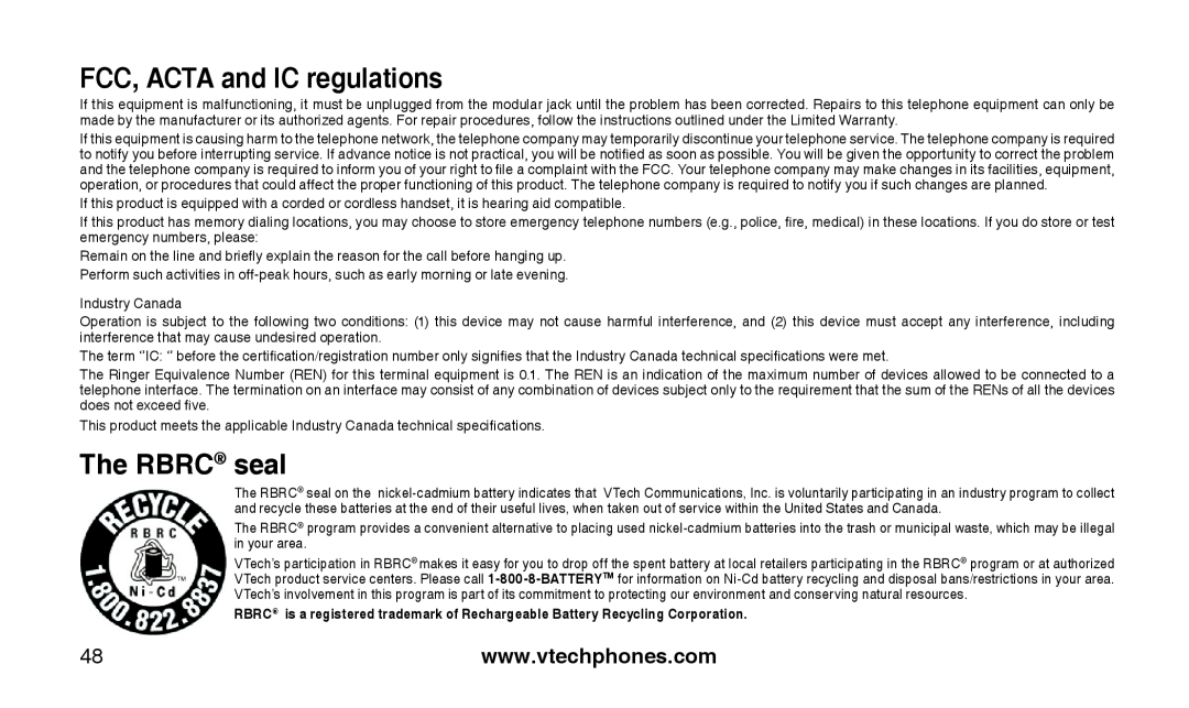 VTech CS2112, CS2111-11 user manual The RBRC seal, FCC, ACTA and IC regulations, Industry Canada 