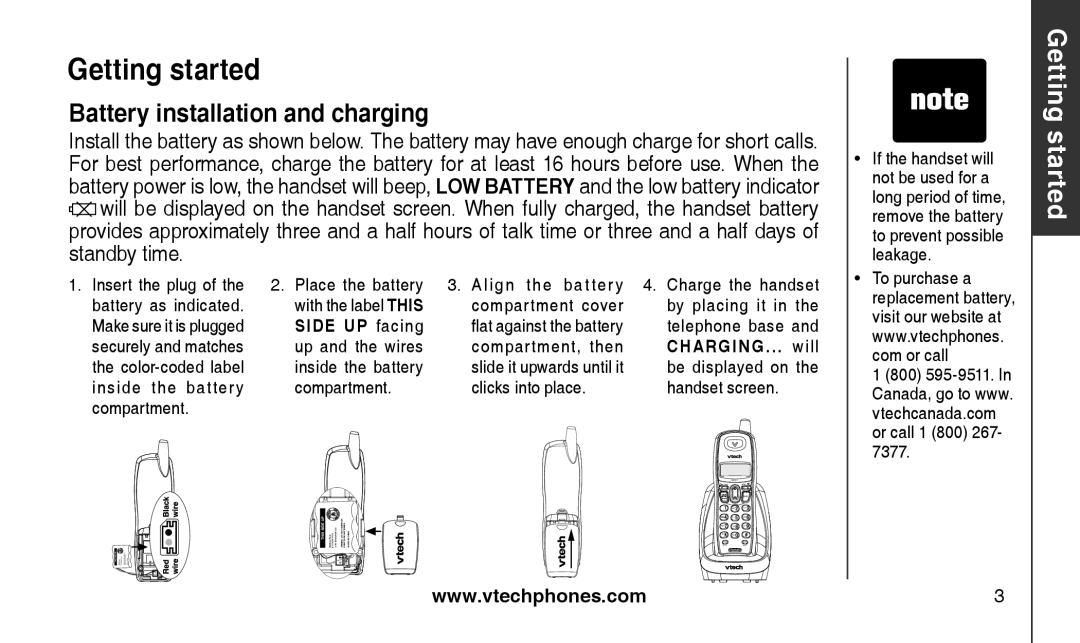 VTech CS2111-11 Battery installation and charging, Getting started, If the handset will, not be used for a, leakage, 7377 