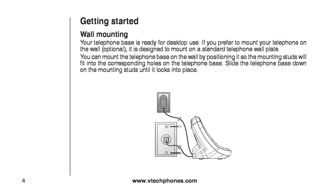 VTech CS2112, CS2111-11 user manual Wall mounting, Getting started 