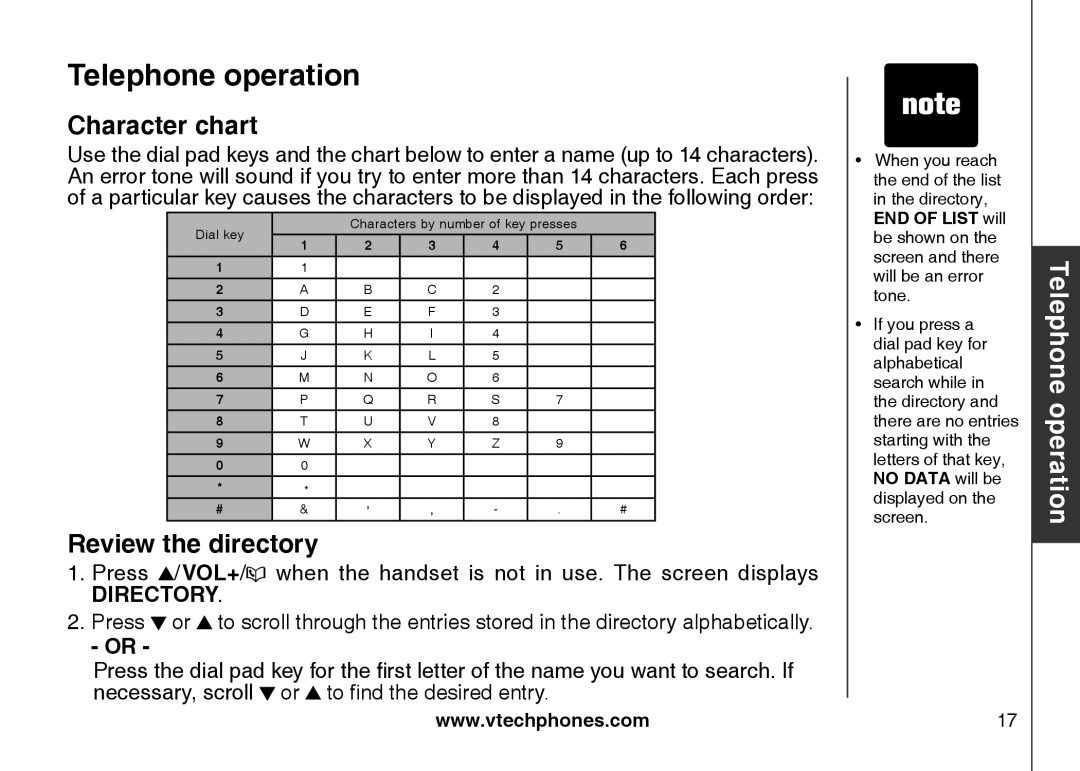 VTech CS5111-3, CS5111-2 important safety instructions Character chart, Review the directory 